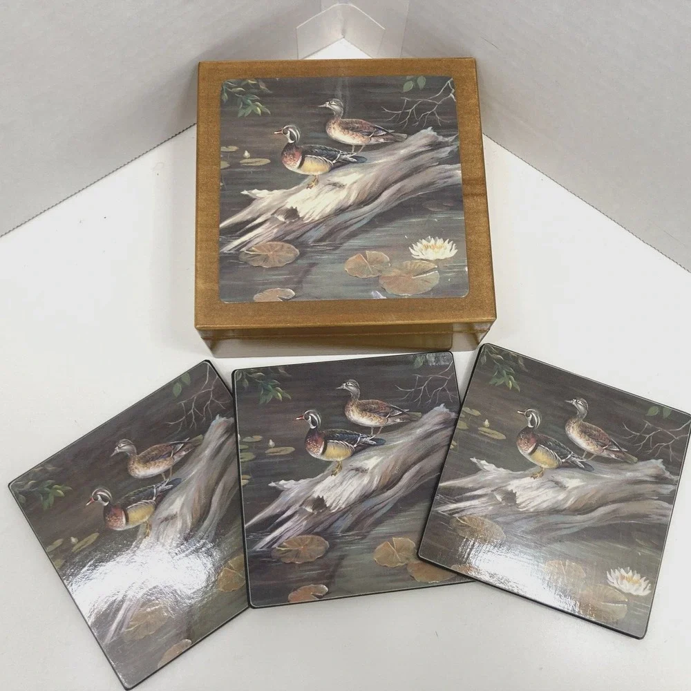 Vintage Duck Box Coaster Set Cork Back Wood Box 1970s with‎ 3 Coasters